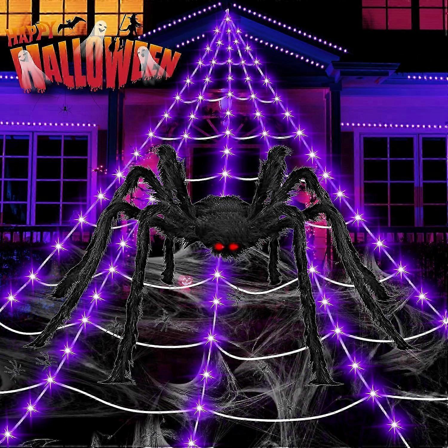 Halloween Giant Spider Web Lights Decorations Outdoor, 16.4Ft 200 LED Lighted Spider Web Light up with 8 Modes for Yard House Decor