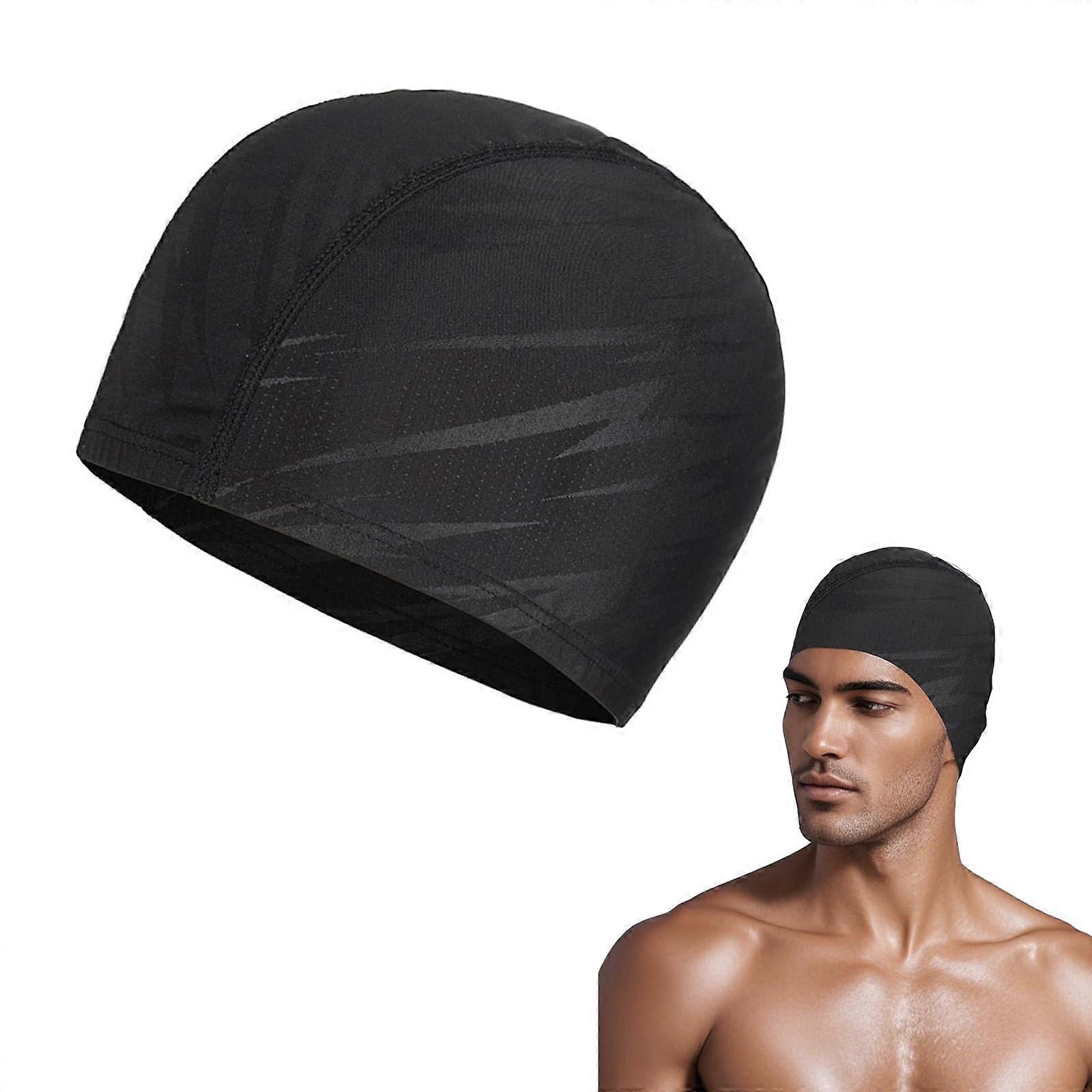 Swimming Cap for Men, Black Elastic Polyester Swim Hat, Quick-Dry Bathing Cap for Adults, Comfortable Swimwear Accessory
