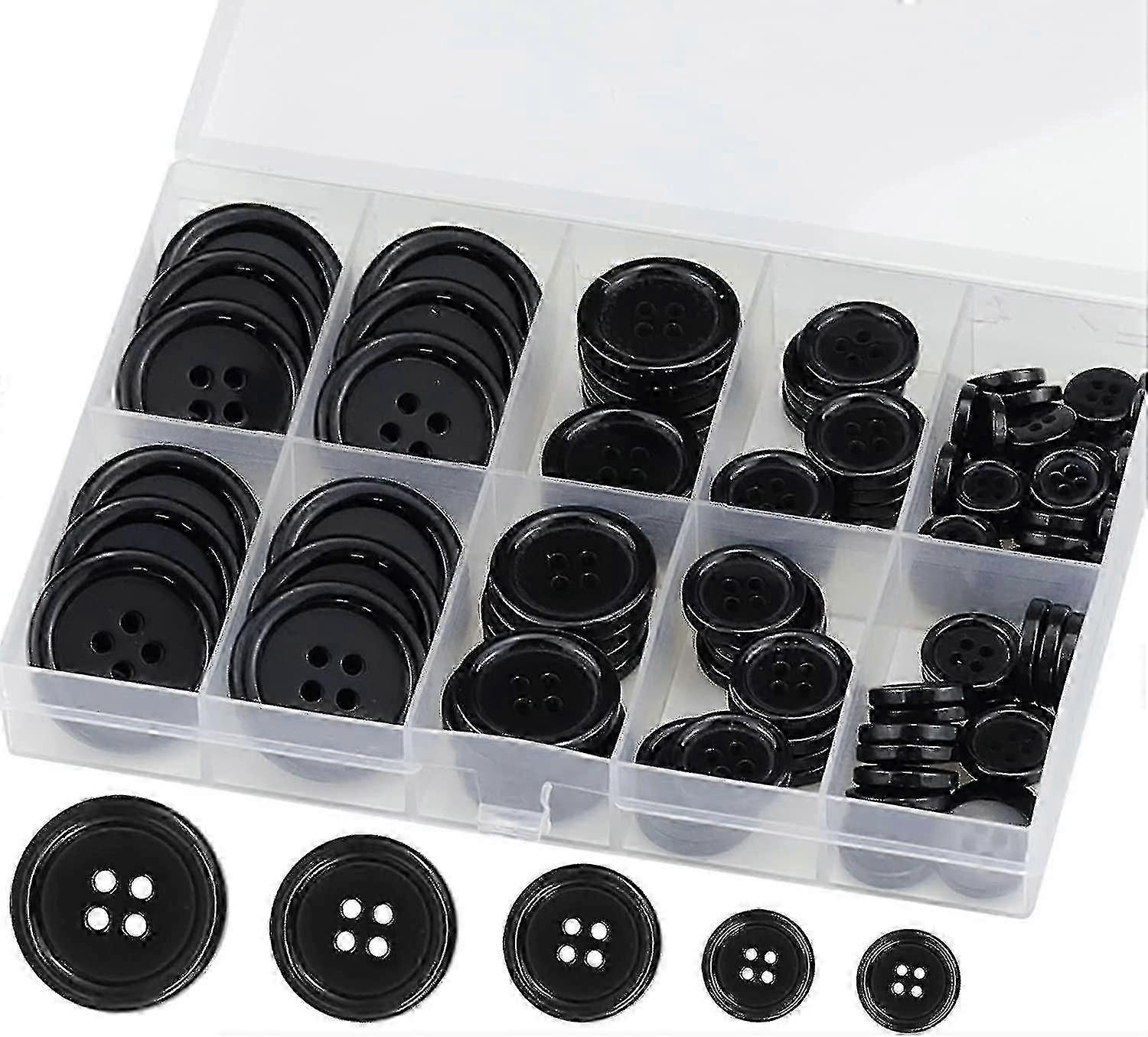 Premium 100 Pcs Resin Sewing Buttons, Eco-friendly 4-hole Craft Buttons, 5 Sizes Of Black Round Mixed Buttons Suitable