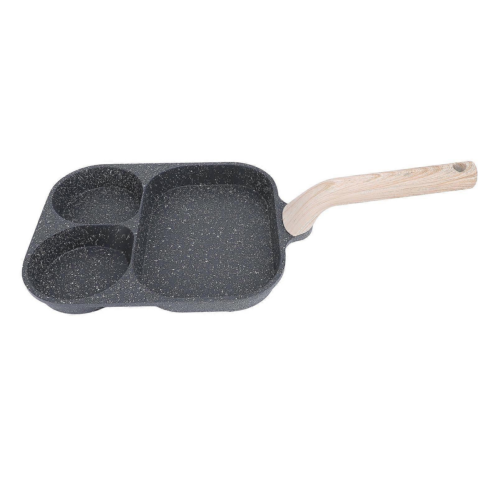 Egg Frying Pan 3 Section Stick Proof Flat Bottom Breakfast Cooking Pan with Heat Resistant Handle for Steak Omelette Black Double Bottom