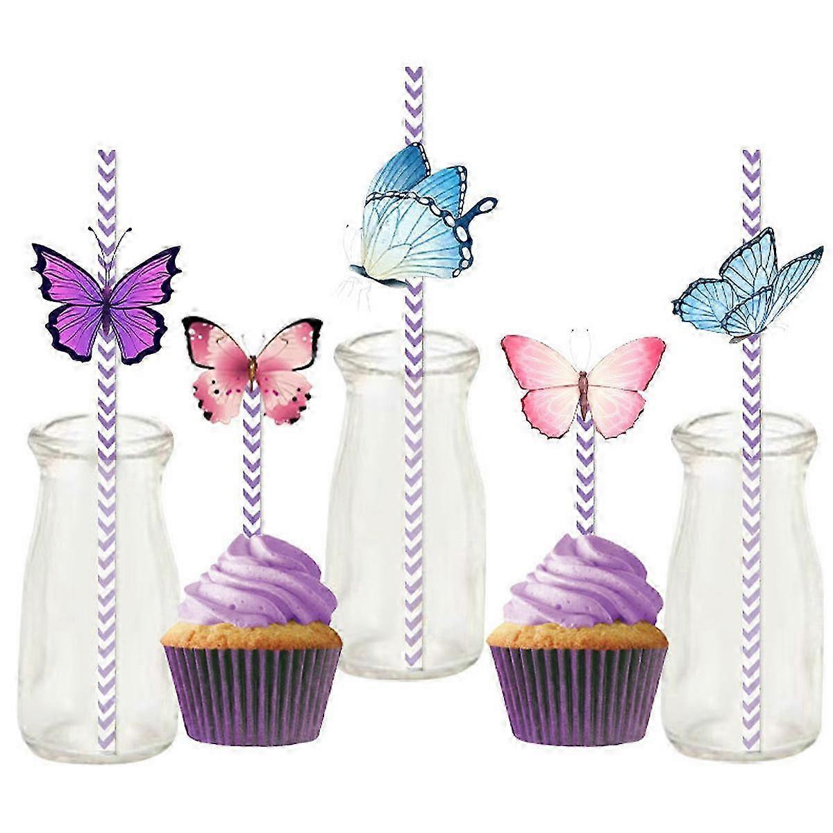 24ピースハピネスビューティフルバタフライ-紙ストローの装飾-花柄のベビーシャワーまたはバースデーストライプの装飾ストロー--style5776