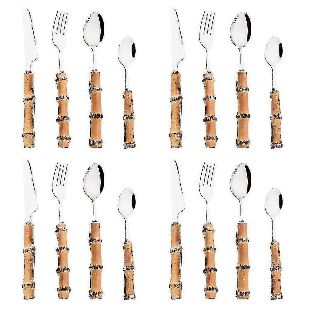 Set di posate con manico in bambù: stoviglie in acciaio inossidabile con forchetta, cucchiaio, cucchiaino e coltello da bistecca - 4/8/16/24 pezzi