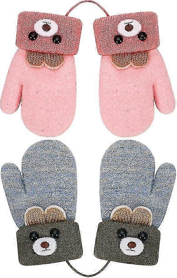 2 Pairs Kids Knitted Gloves Plush Lining Gloves Mittens Winter Warm Mittens Full Finger Gloves with String for 1-3 Years Old Boys Girls