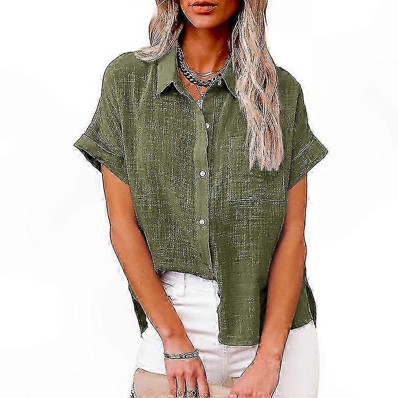 Chemise ample décontractée à manches courtes en lin pour femmes avec un design de couleur unie