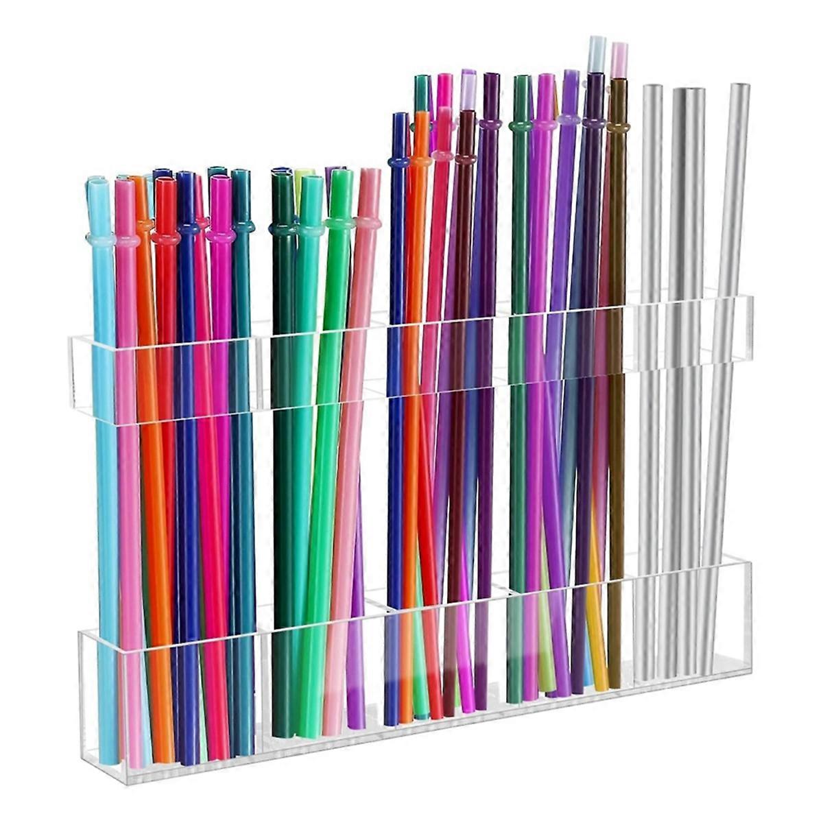 9.8in Large Acrylic Straw Holder for Cabinet with Double Sided Adhesive Squares and Stickers, Reusable Straws Organizer