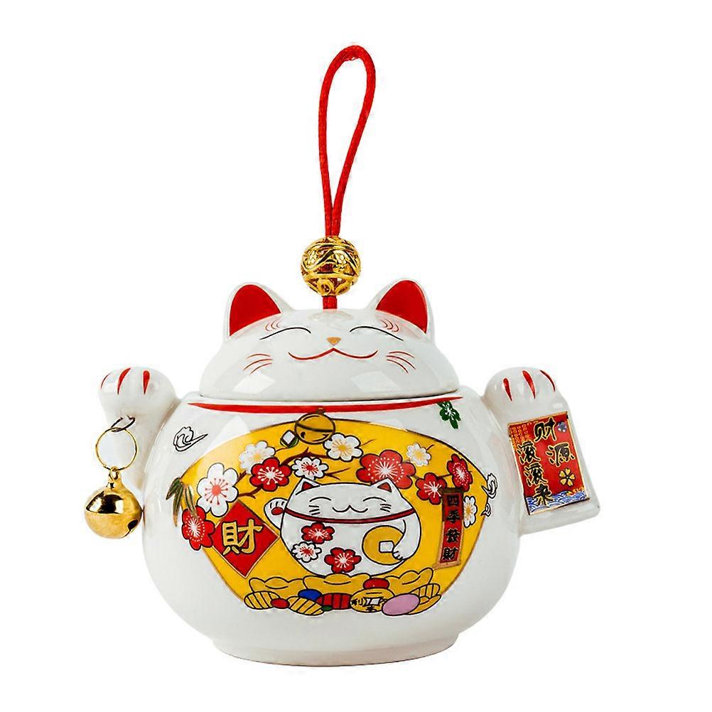 Tea Container Ceramic Canister for Storage 2Pcs Fortune Cat Design White