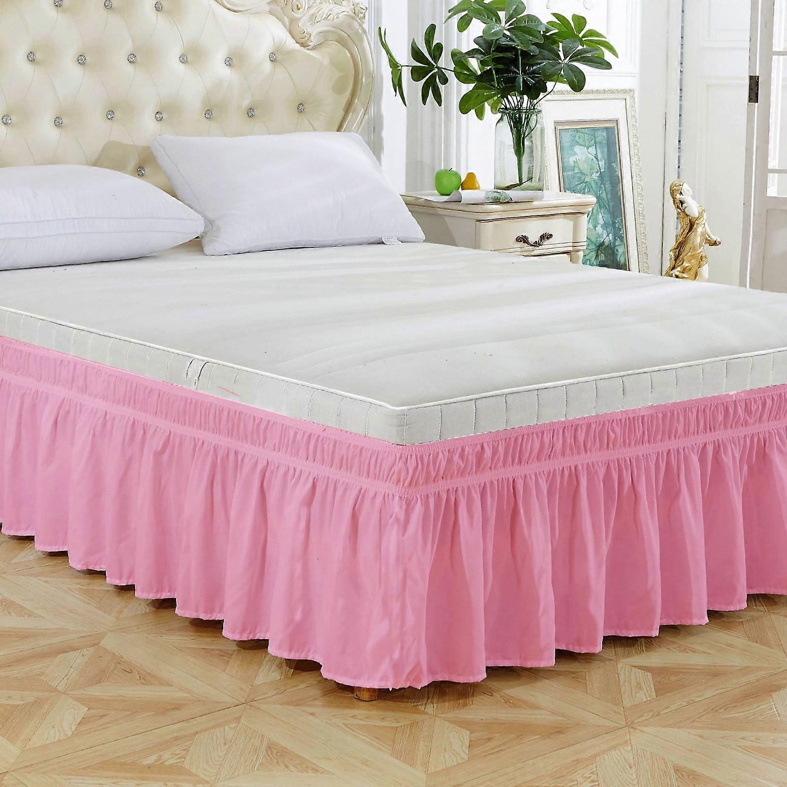 Wrap Around Dust Ruffle Bed Skirt for Queen 54"x75" - Pink Pleated Brushed Fabric with Elastic Strap, Wrinkle Free & Machine Washable