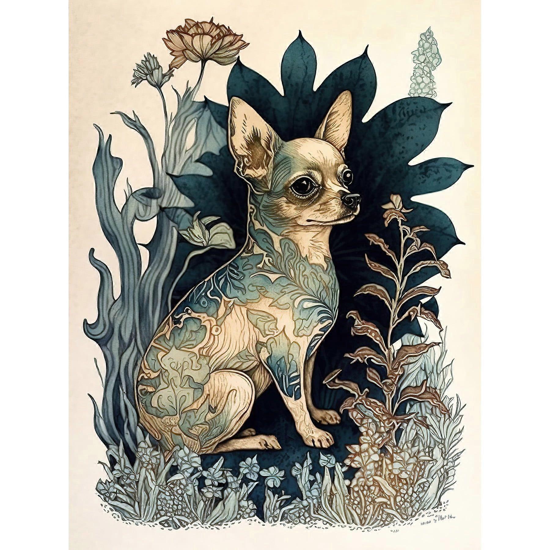 Chihuahua Dog with Floral Pattern Fur Coat Modern Portrait in Flower Field Illustration Extra Large  Wall Art   Print-yezhiaaa526