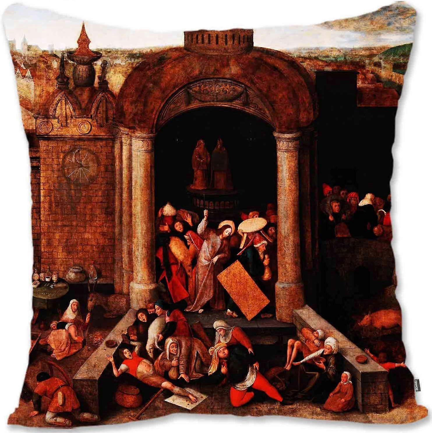 h162 デコラティブ トス 枕カバー カバー プロテクター ルネッサンス ジャンル アート - ピーター・ブリューゲル 若き - 神殿から商人を駆逐するキリスト (a1-