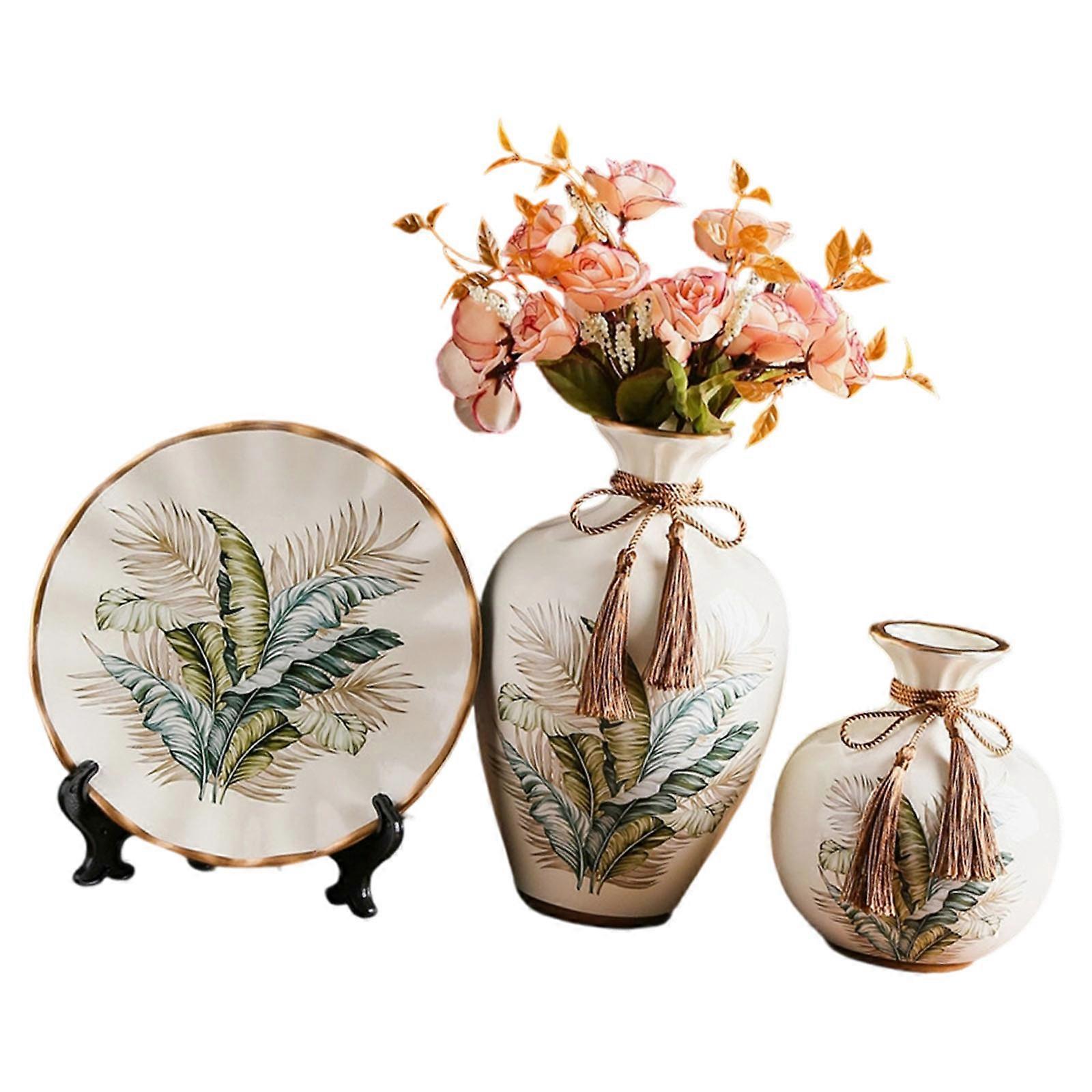 Decorative Ceramic Vases and Round Tray Set of 3 Modern Tabletop Display for Flower Arrangements Housewarmings Gift Multicolor