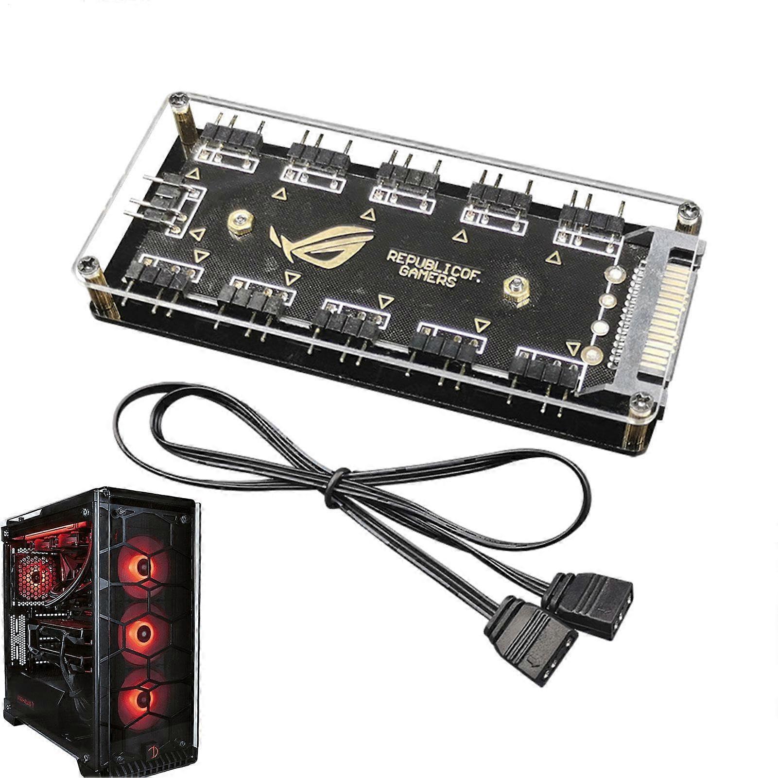 ARGB PWM Fan Hub 10 Port Controller with 11 ARGB Interfaces and 5V 3Pin Motherboard Cable