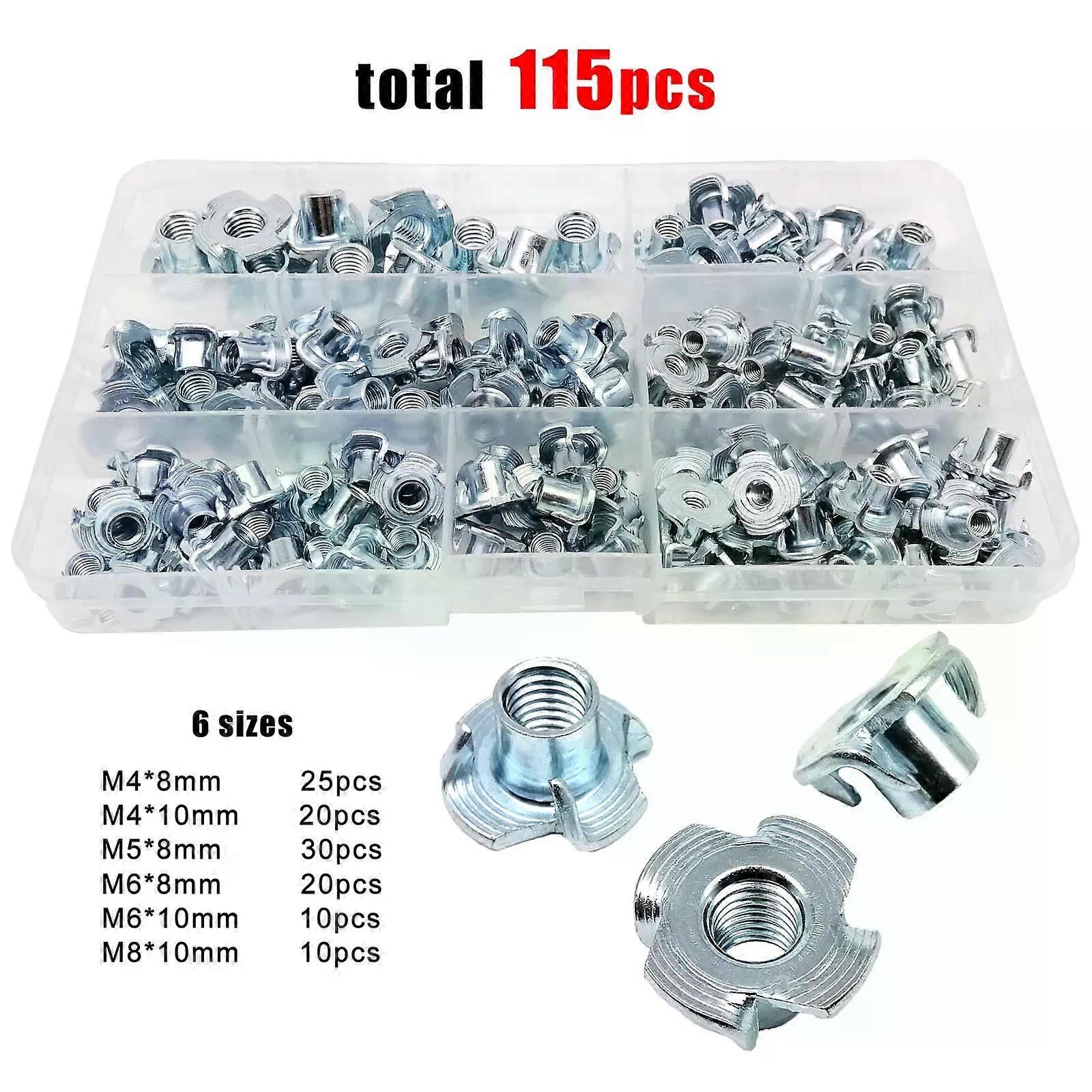 1 Box 115pcs M4 M5 M6 M8 Thickened Steel Four Claws Speaker Nut Blind Pronged Insert T-nut Wood Furniture Nut Assortment Kit Set