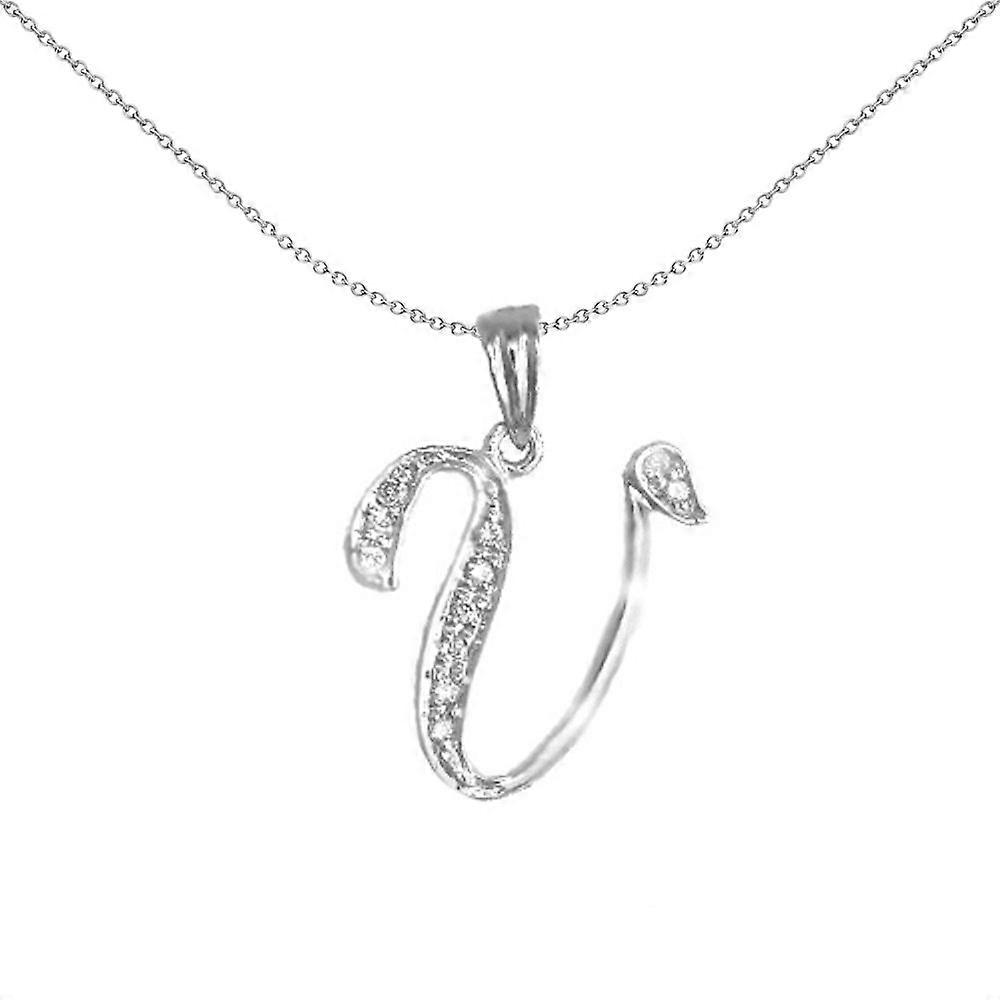 Jewelco London 9ct White Gold Pave Set Round G SI 0.06ct Diamond Identity Script Initial ID Charm Pendant Letter V