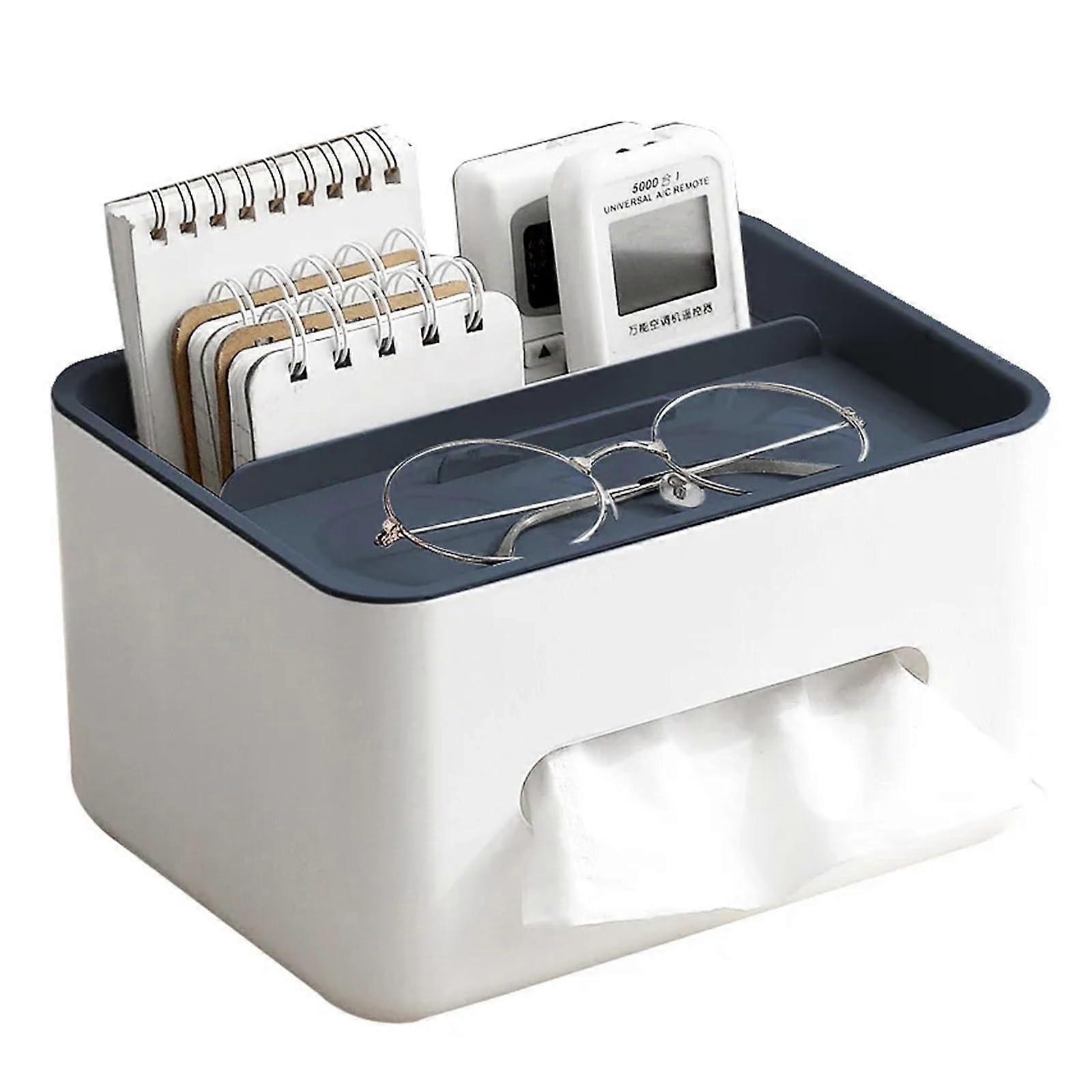 Tissue Box Cover with Remote Control Holder and Desk Organizer for Home Office Living Room Blue