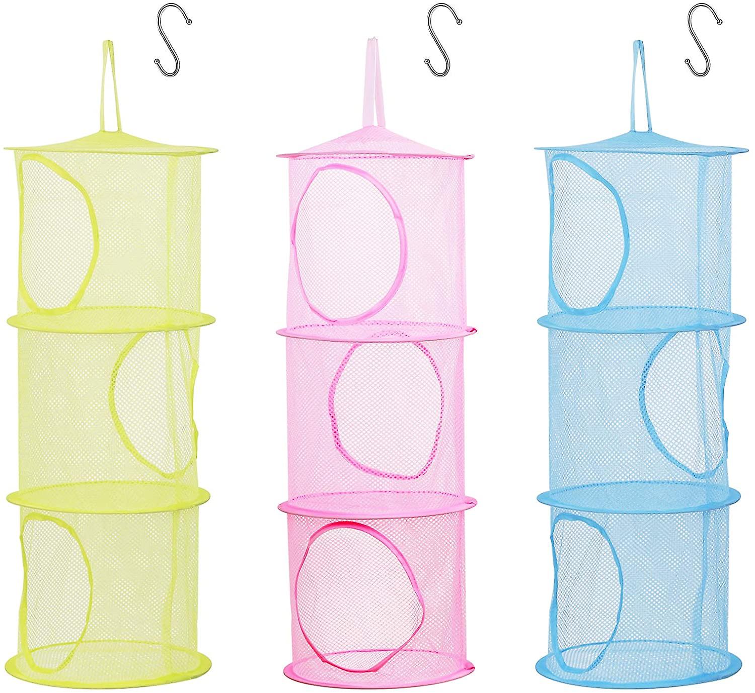3 Pcs Kids Storage Net, Foldable Mesh Basket Hanging Toy Storage with S-Hook for Plush Toys Small