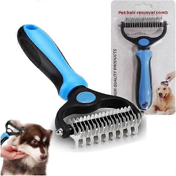 2-in-1 Pet Grooming Tool - Carding & Undercoat Comb for Long Haired Cats & Dogs (Blue)