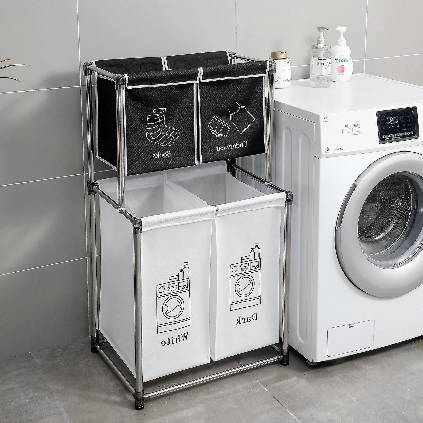 2Tier Laundry Hamper with Removable Bins, Foldable Laundry Sorter for Bedroom Bathroom Dorm