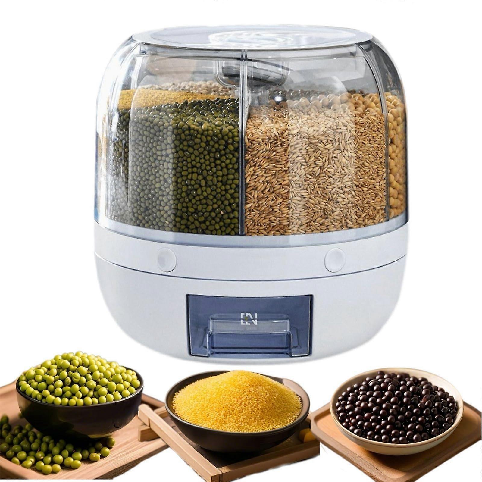 Grain Dispenser 6 Grid 360° Rotating Airtight Cereal Storage Container for Dry Food 13lbs White