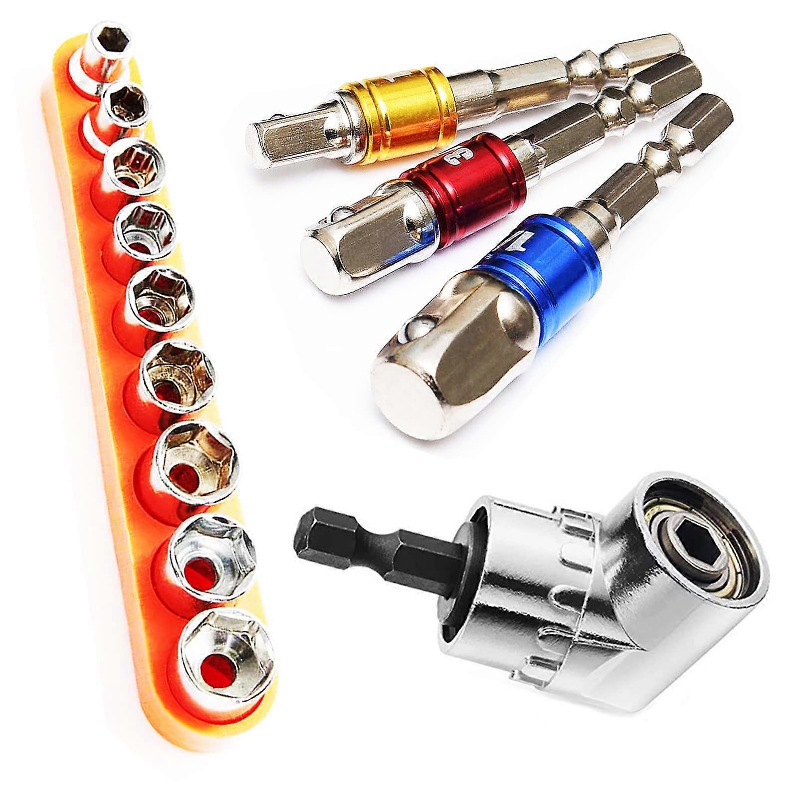 Right Angle Drill Attachment 105 Degree Adapter with Impact Socket Adapter Set 1/4 3/8 1/2 Inch