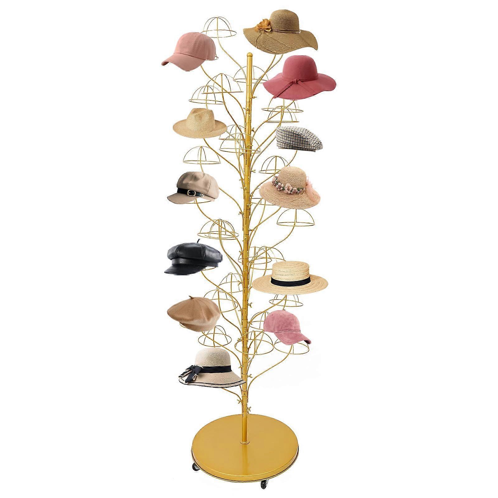 Hat Display Stand with Wheels, 68.9Inch Rotating Hat Rack, 35Capacity Floor Holder for Retail Store, Gold