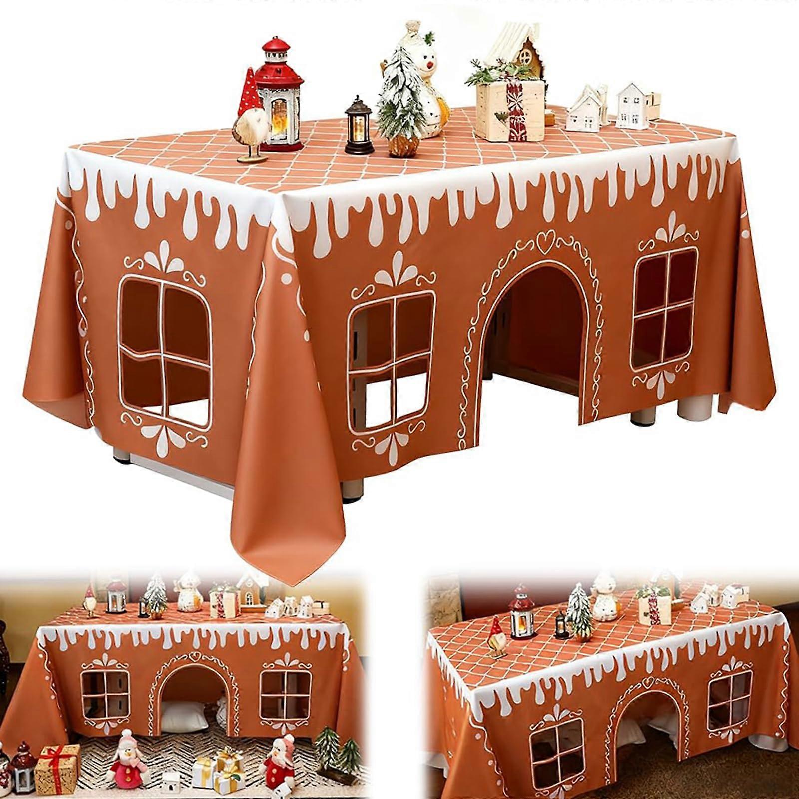 Christmas Tablecloth with Interactive Gingerbread House Design for Kids, Reusable 120x150cm