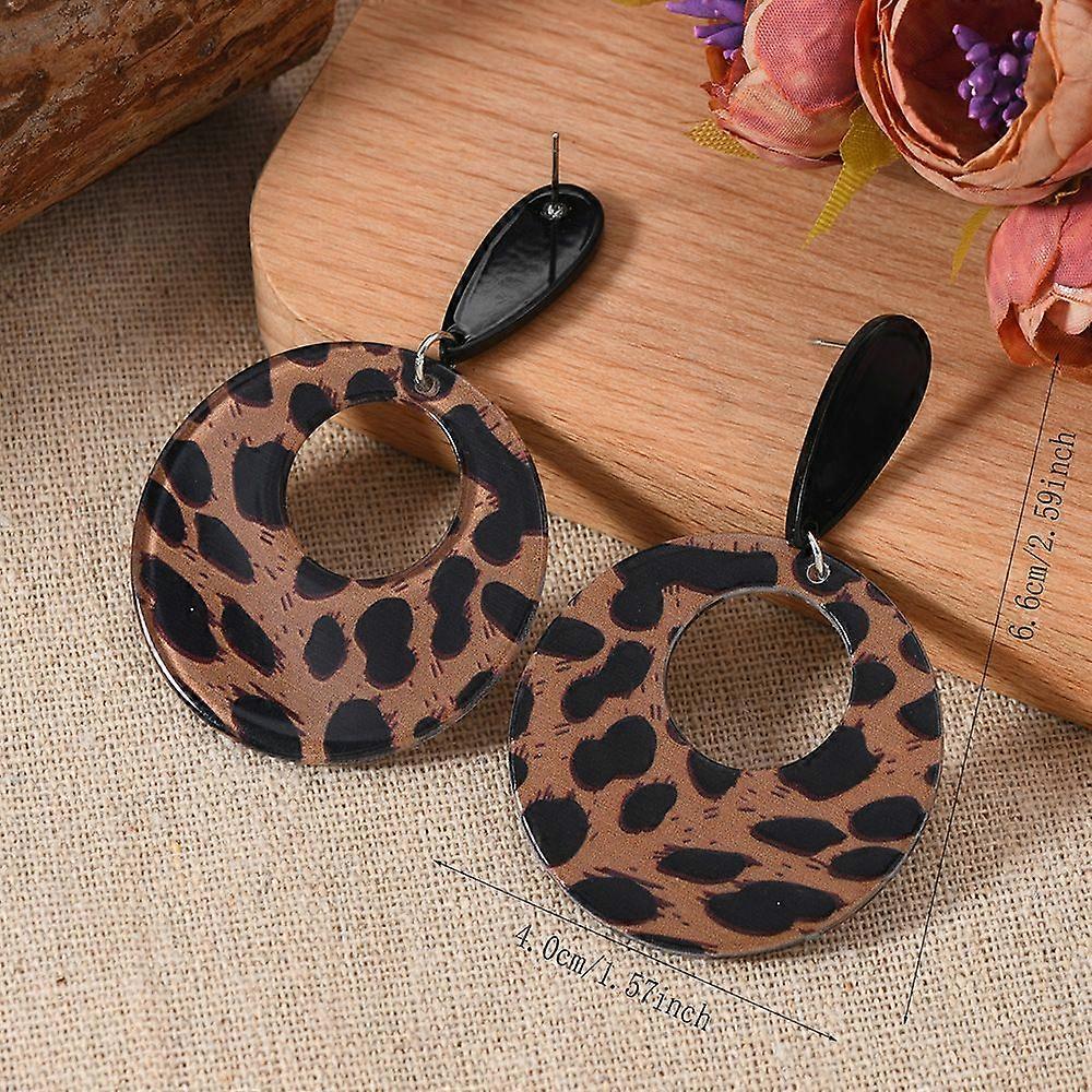 Stylish Acrylic Leopard Print Dangle Stud Earrings Flat Round Brown