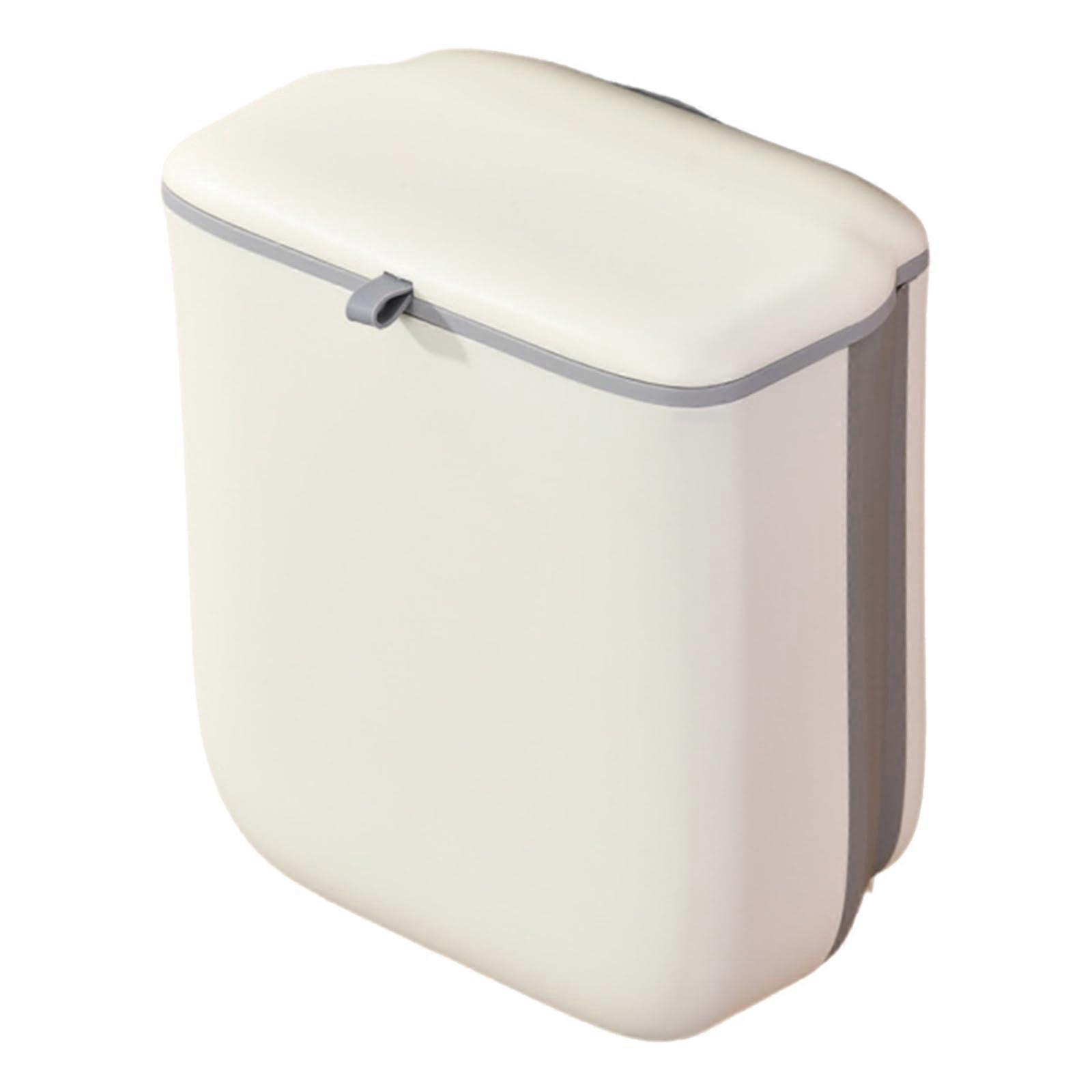 Wall Mounted Kitchen Trash Can with Lid, Hanging Cabinet Door Garbage Bin, Slim Rectangular Cream