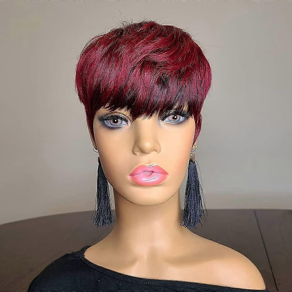 Short Red Pixie Cut Wig with Bangs, Heat Resistant Synthetic Hair, Breathable Adjustable Cap