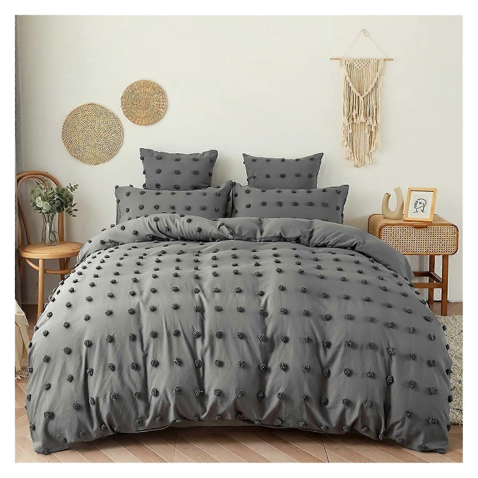 Tufted Comforter Set King Queen Solid Gray Bedding with Pillowcases LN362