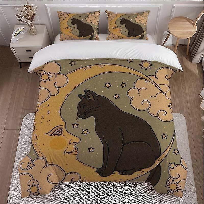 Black Cat Sitting on Crescent Moon Themed Bedding Set Soft and Comfortable