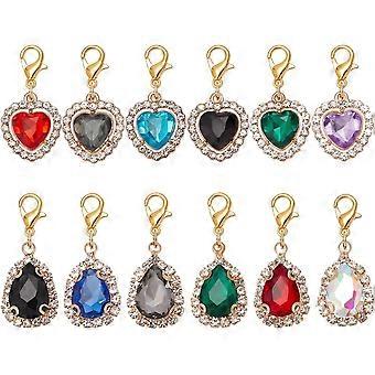 12pcs Heart Collar Pendants for Cat Dog Teardrop Jewelry Charms Rhinestone Pet Collar Pendants Clip-on Charms for Bag making kit