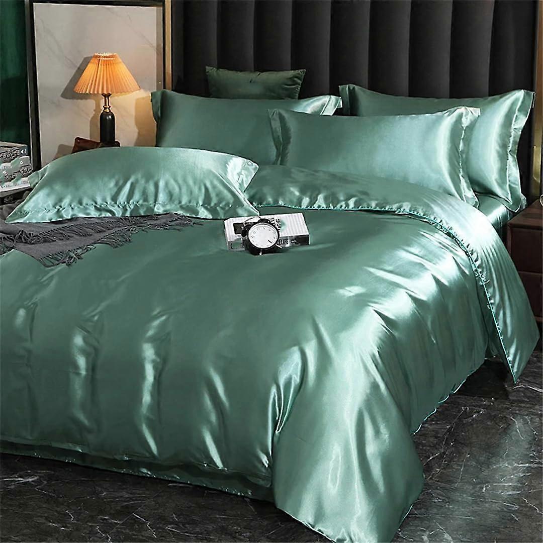 Satin Bedding Set for 1.2m Bed Matcha Green Flat Sheet 4 Piece Solid Color Easy Bedding Refresh