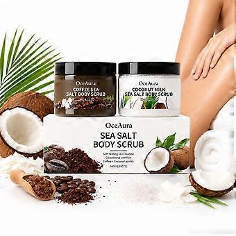 Coffee & Coconut Milk Sea Salt Body Scrub 2Piece Kit, Natural Arabica Coffee Exfoliating Scrub with Shea Butter, Hydrating Skin Care Exfoliator for So