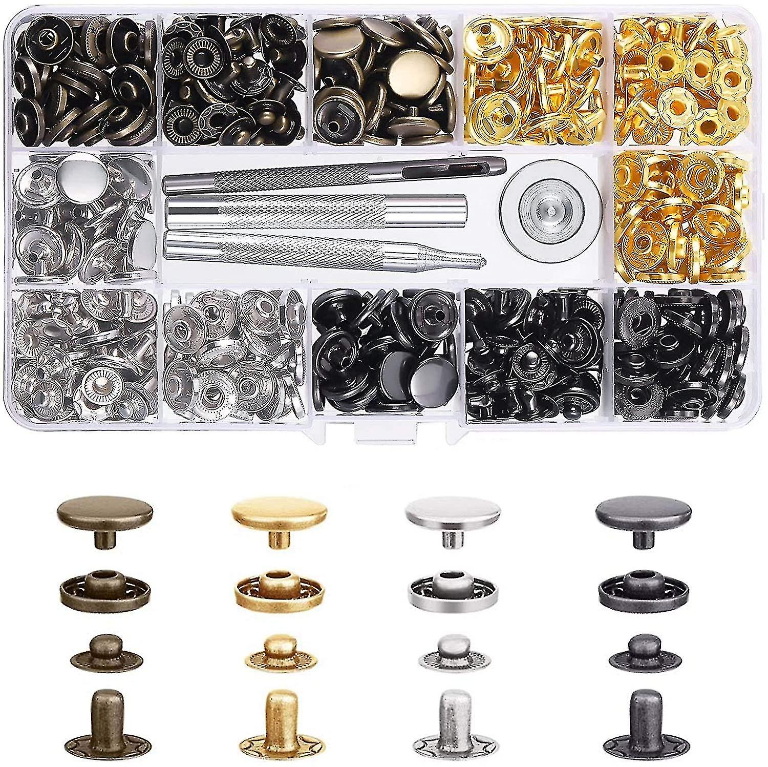 120pcs Snap Fasteners Kit, Metal Snaps Button Press Studs With 4 Pieces Fixing Tool Kit For Clothes Craft Repairs Decoration, 4 Colors