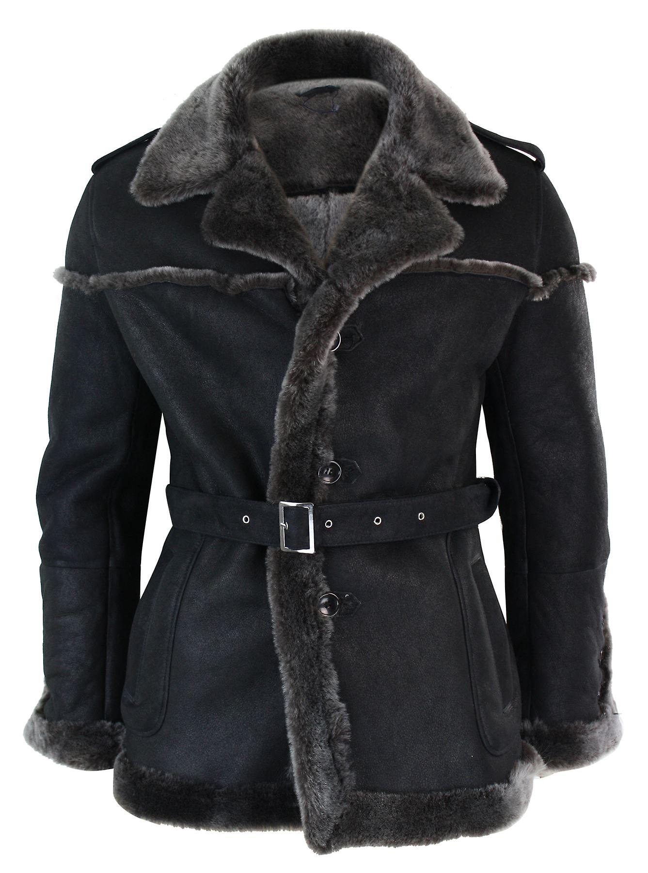 Men's Double Breasted Real Sherling Captain Sheepskin Jacket Belted