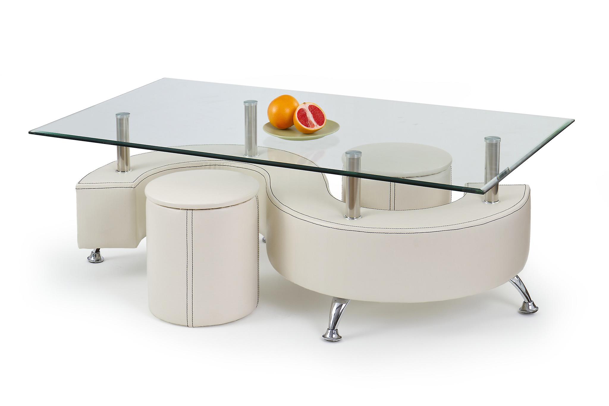 NINA - table basse - avec poufs - verre - blanc - 130x42x70cm