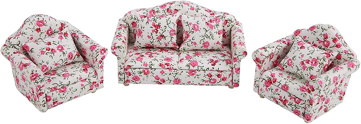 Mini Sofa Dollhouse 1/12 Dollhouse Furniture Sofa Flower Pattern Mini Furniture Sofa Set with Backrest Cushions