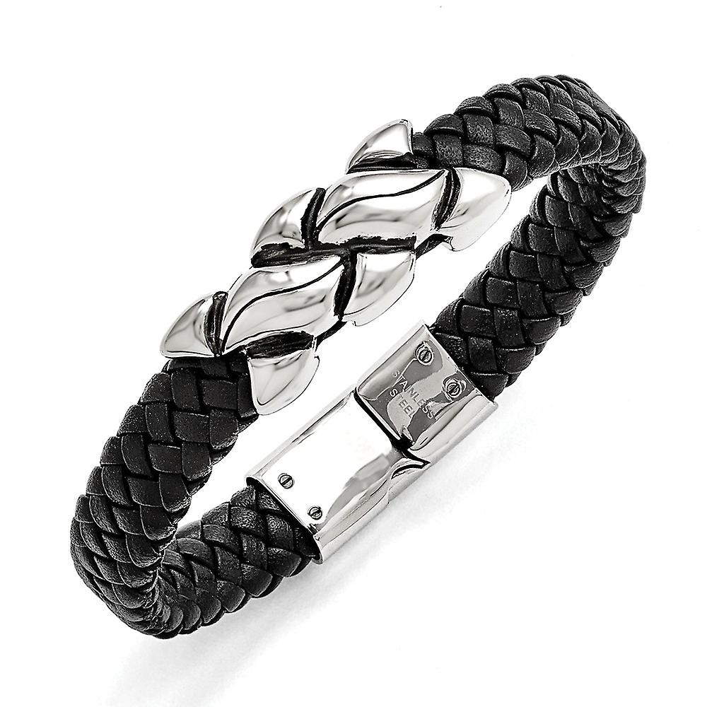 Stainless Steel Polished Magnetic Clasp Artisan Oxidized Black Leather Bracelet 8.25 Inch 15mm Wide Link-Bracelet for Wo