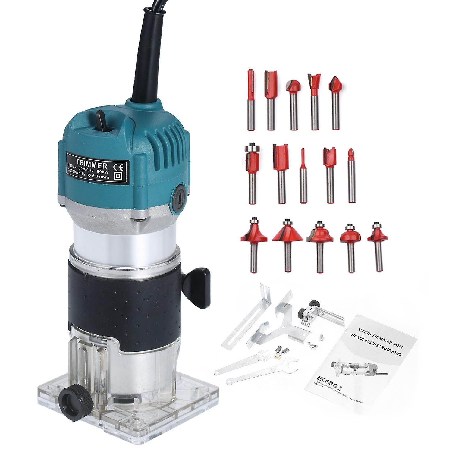 800W Compact Wood Router Tool Set 110V Electric Trimmer Wood Router with 15pcs Router Bits