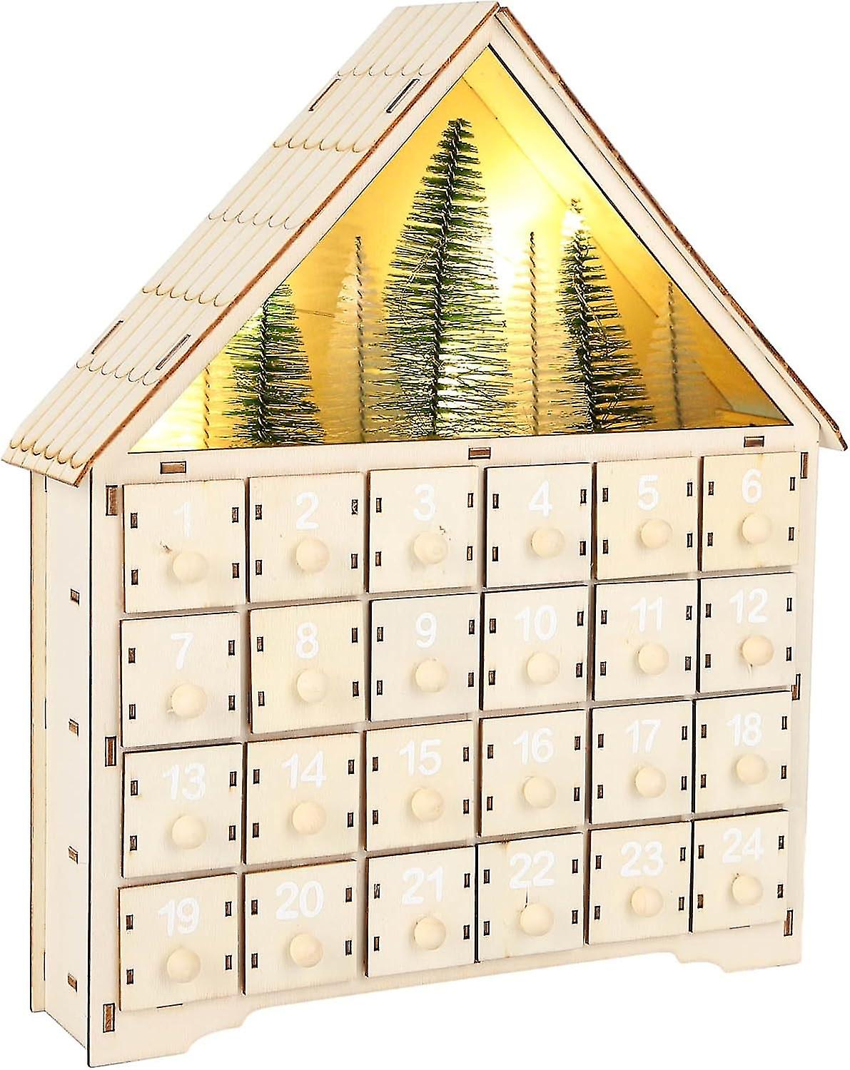 Christmas Wooden Advent Calendar Wooden House Christmas Decoration LED Lighted House with 24pcs Drawers Advent Countdown Calendar for Christmas Holida