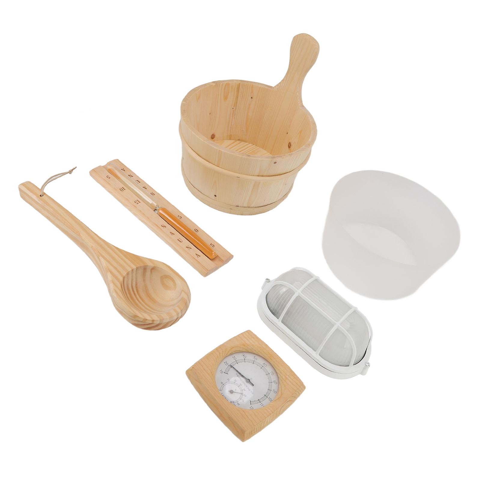 4L Sauna Room Wooden Bucket Kit Bath Bucket Spoon Hygrothermograph Explosion Proof Lamp Hourglass Set with Liner