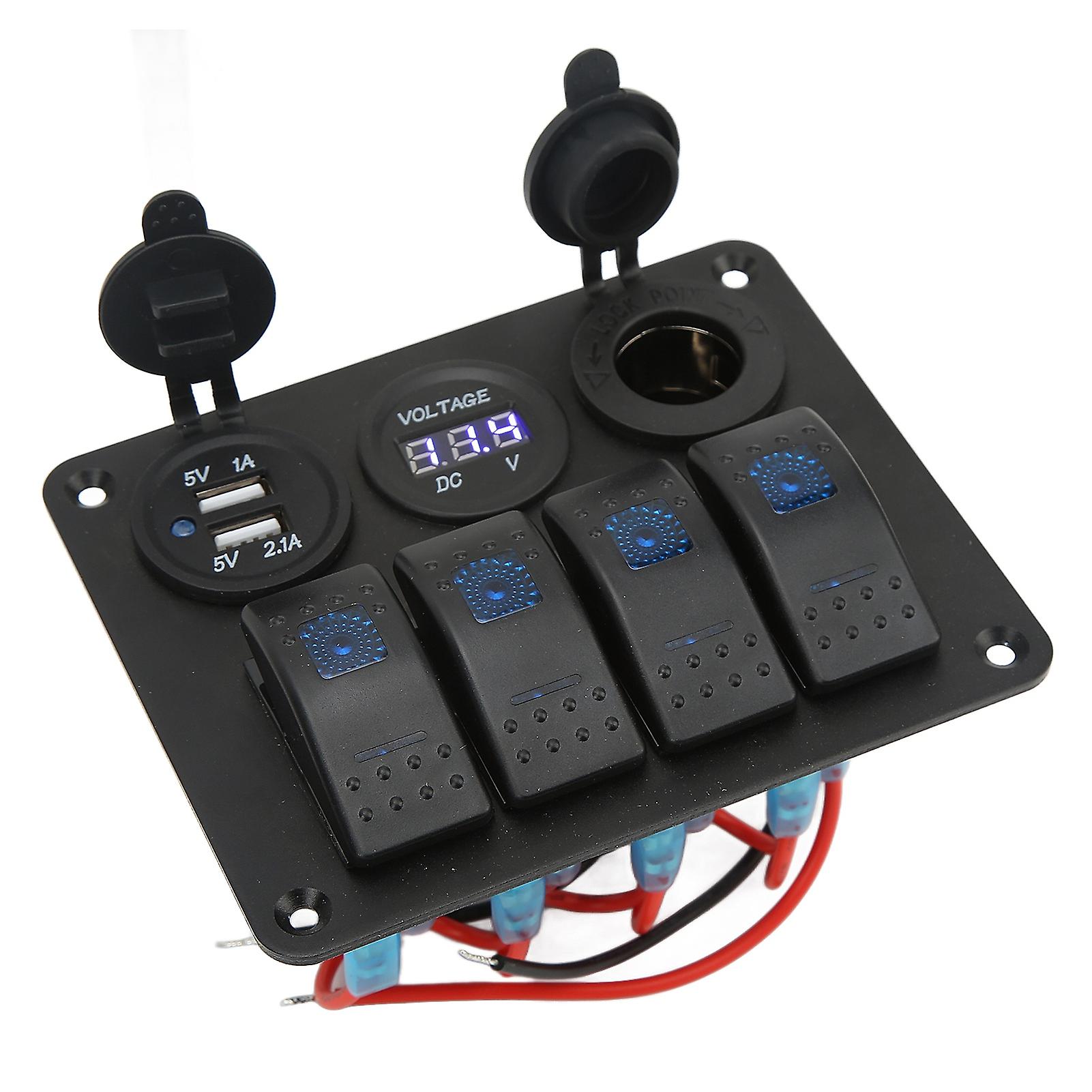 4 Gang Rocker Switch Panel with USB Cigarette Lighter Socket Toggle ON Off Combination Switch Panel for RV Boat Yacht Bus 