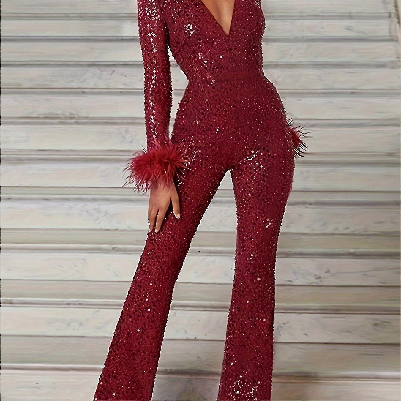 JUNGE Solid Color Sequin Wide Leg Jumpsuit, Elegant Deep V Neck Long Sleeve Jumpsuit For Fall & Wint