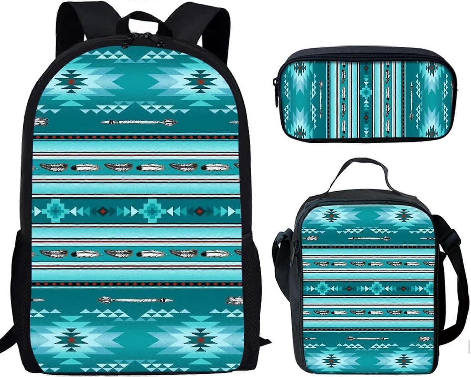 Teal Tribal Aztec Stripe Print Kids 3Pcs School Bag Backpack Set Matching Lunch Box Pencil Case for Boys Girls