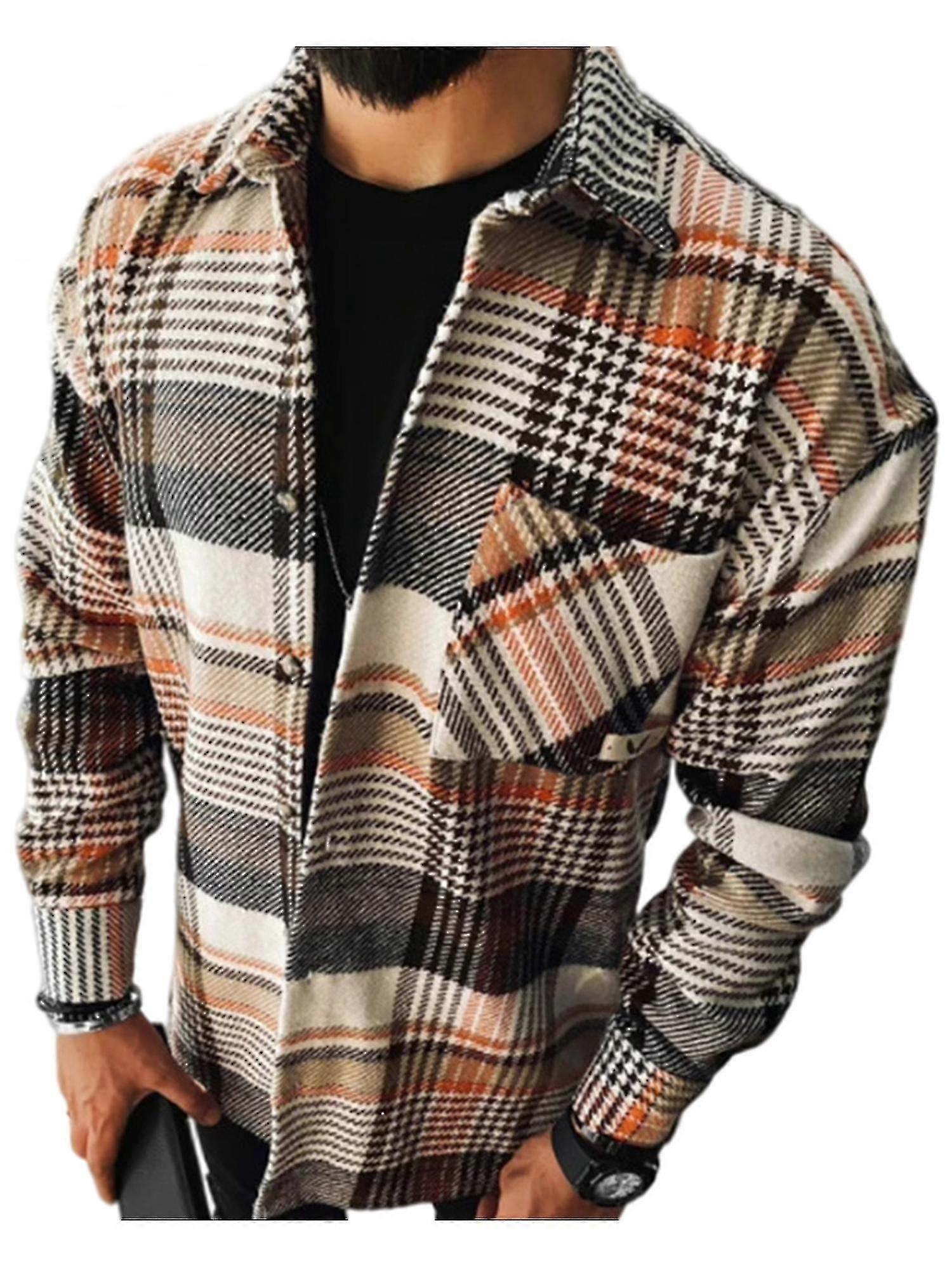 Męskie koszulki z rękawem Klapy z dekoltem w szpic Flanelowe kieszenie koszuli w kratę