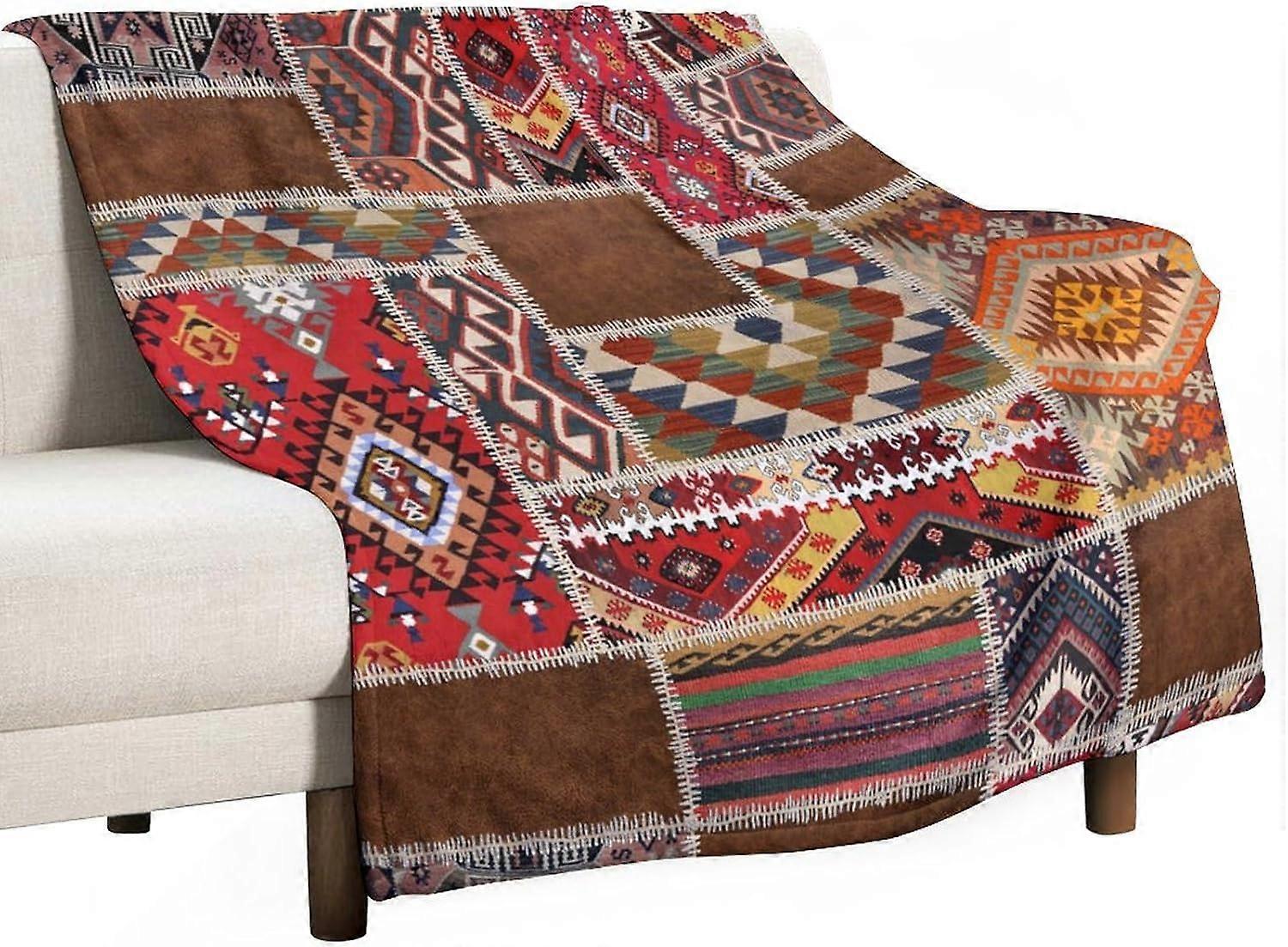 Southwest Aztec Throw Blanket, Native Bohemian Retro Patchwork Traditional Geometric Soft Flannel Blanket Warm Blankets for All Seasons, Bed Couch Sof