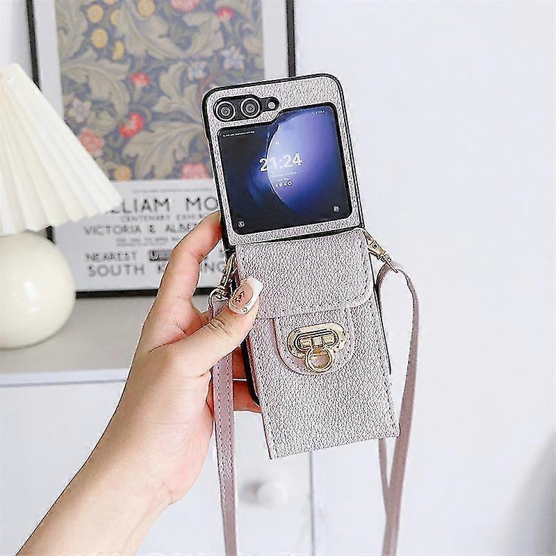 For Samsung Galaxy Z Flip 6 Wallet Case, Lychee Pattern PU Leather Shockproof Case with Crossbody Lanyard & Card Holder