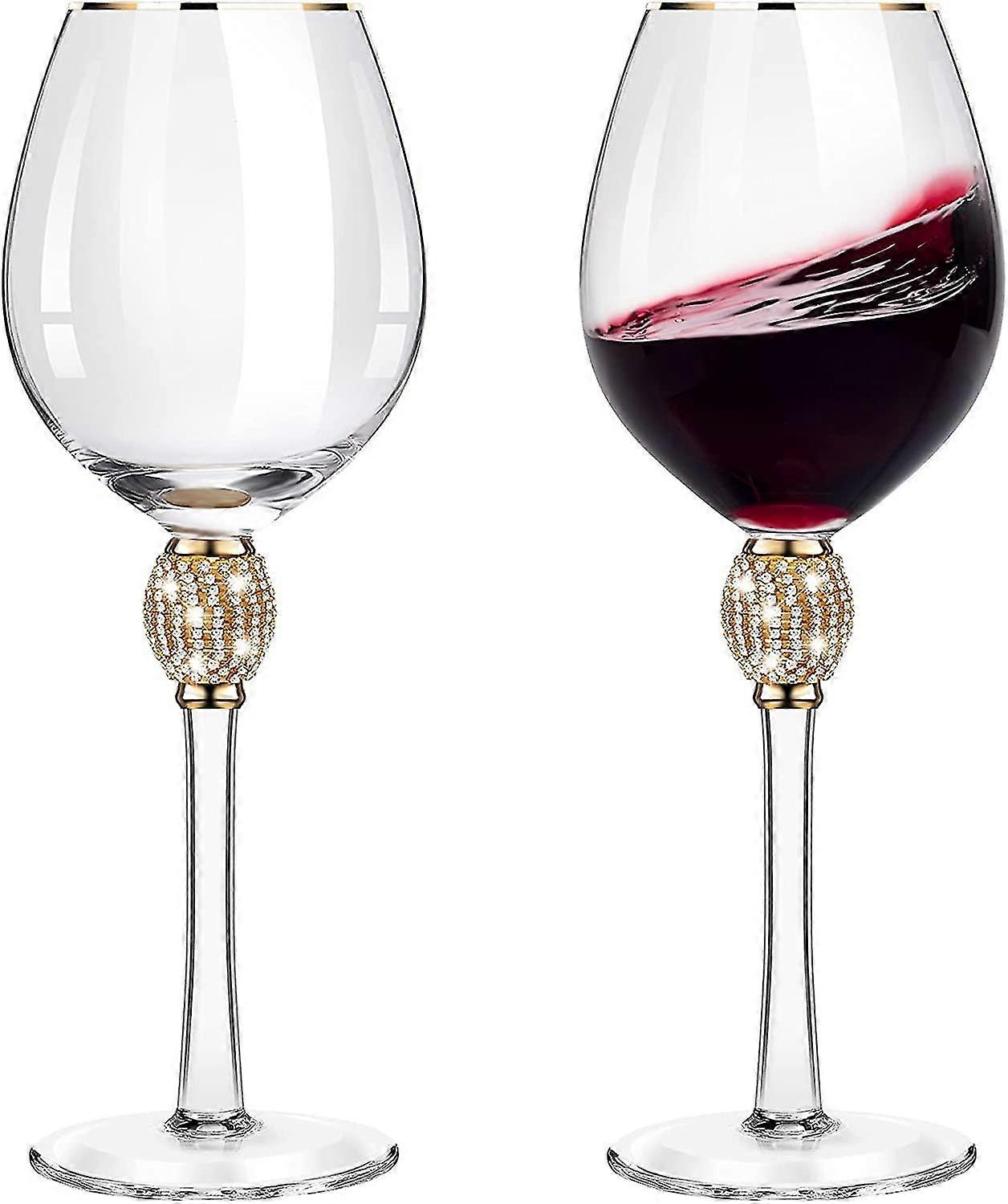 2件镶石红酒杯带边郁金香形状钻石酒杯长杆玻璃器皿，适用于婚礼、派对、周年纪念日（金色）