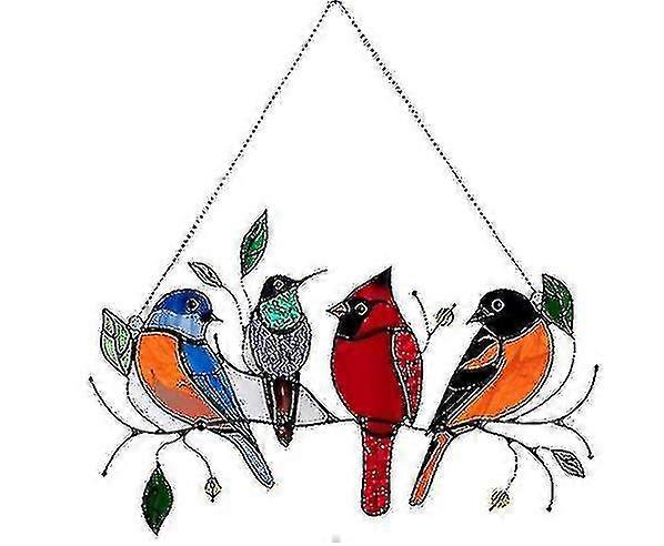 Multicolor Birds On A Wire High Stained Glass Suncatcher Window Panel