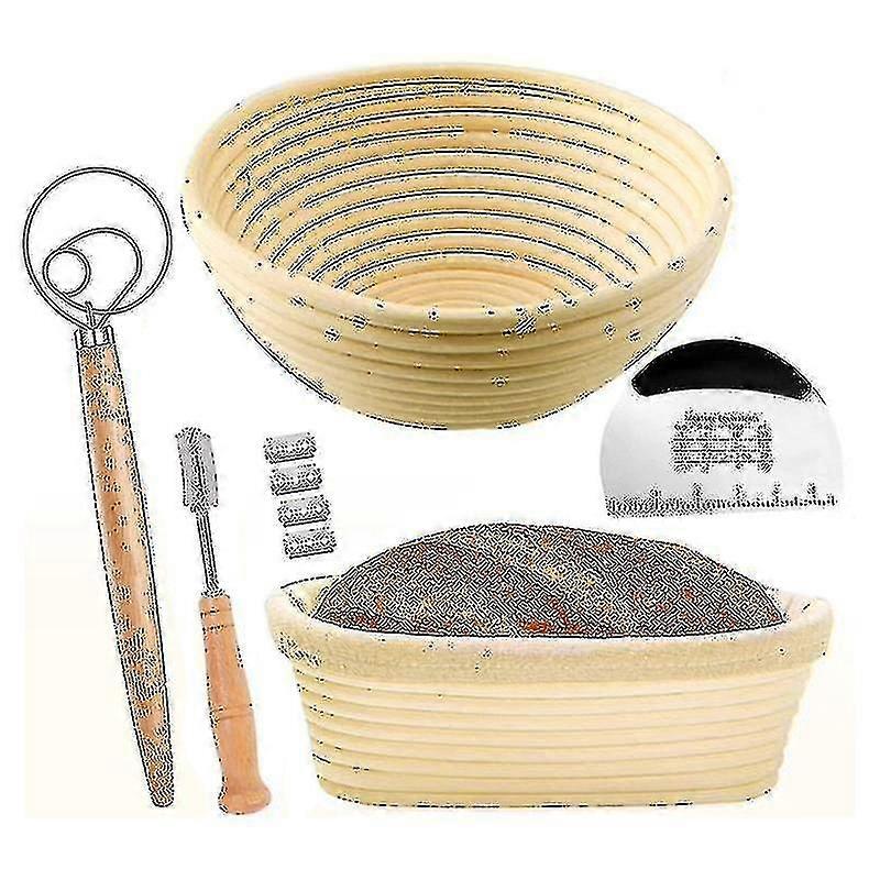 Bread Proofing Basket Set Of 2 With Kit-round And Ovel Bread Baking Bowl -bread Lame- Dough Scraper